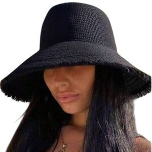 🔥🔥🆕Stylish Frayed Edge Black Foldable Straw Wide-Brim Hat
